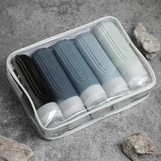 Travel Bottles for Toiletries, 5 Pack TSA Approved Travel Size Containers, 3oz Leak Proof Refillable Travel Accessories for Shampoo Conditioner, BPA Free Travel Bottles with Toiletry Bag
