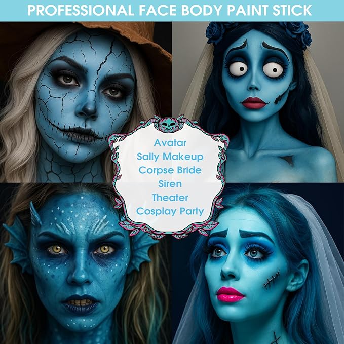 BADCOLOR Light Blue Face Body Paint, Pale Blue Eye Black Stick for Football/Baseball/Softball, Hypoallergenic Grease Sticks for Corpse Bride Halloween SFX Avatar Sally Makeup