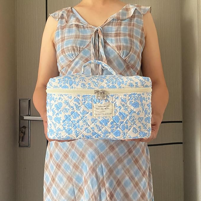 Blue Large Quilted Floral Makeup Bag Cute Soft Coquette Aesthetic Cosmetic Bag Cotton Travel Toiletry Bag for Women