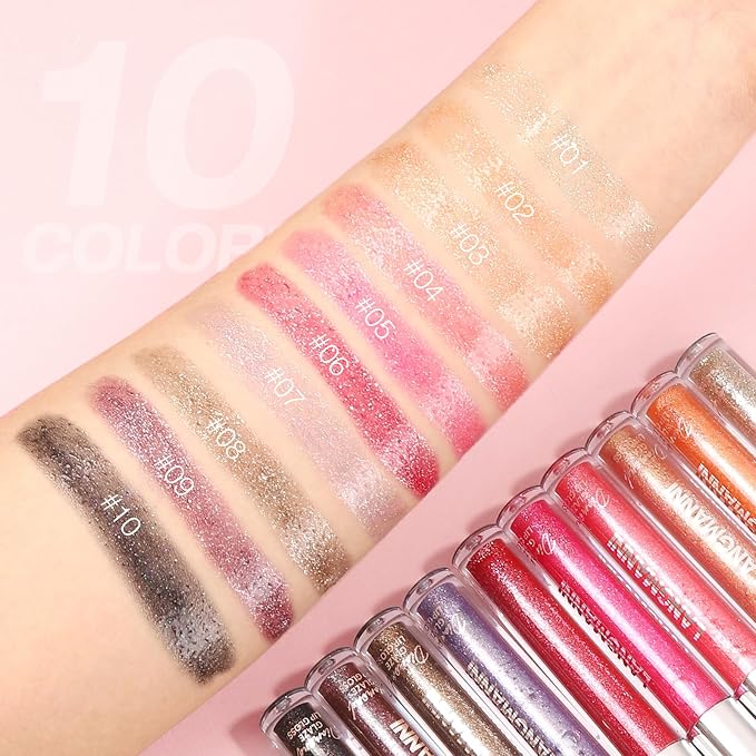 LANGMANNI 2 Colors Diamond Glitter Lip Gloss Set,Long Lasting High Shine Shimmer Liquid Lipstick Set,Hydrating,Moisturizing Lip Gloss Kit Gift Makeup For Girls(#01+02)