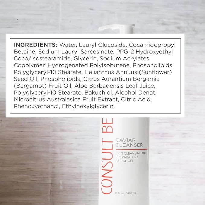 Consult Beaute - Caviar Facial Cleanser - Gentle Face Wash and Makeup Remover - Gel to Foam - Skin Hydrating Lime Pearl Caviar - Aloe - Bergamot Fruit Oil - Dry, Normal and Oily Skin 16 Fl Oz