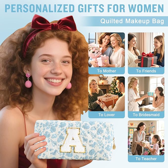 Personalized Quilted Cosmetic Bag, Puffy Monogrammed Christmas Birthday Gifts for Women & Girls, Cute initial Floral Makeup Bag Puffer Coquette Bag, Aesthetic Travel Toiletry Zipper Pouch(Blue,A)