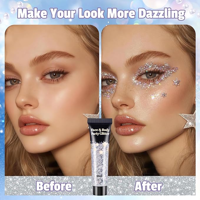 AROIC 14 Pcs Body Glitter - 7 Colors Mermaid Fairy Sparkle Makeup, Face & Hair Glitter Gel for Women Match with Mermaid Costume, Concerts Rave Accessories, Face Paint, Cosplay, Festival Birthday Party