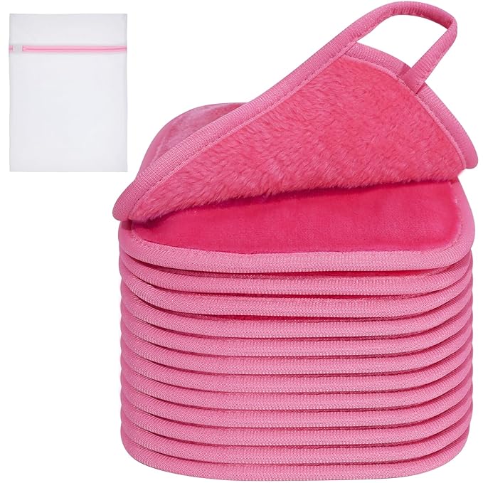 KODAMO Makeup Remover Cloth, Reusable Makeup Remover Pads Washable Travel Bag, Microfiber Makeup Removal Face Wash Cloths with Just Water, Gentle Soft,12 Pack, Pink