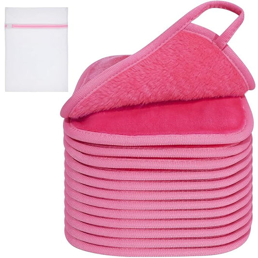 KODAMO Makeup Remover Cloth, Reusable Makeup Remover Pads Washable Travel Bag, Microfiber Makeup Removal Face Wash Cloths with Just Water, Gentle Soft,12 Pack, Pink