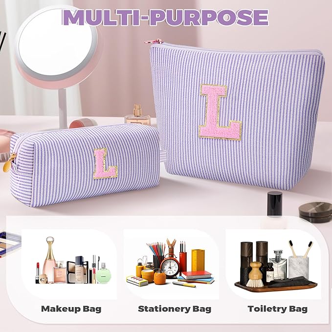 Dance Recital Gifts for Girls - Cosmetic Bag for Teen,Initial Cute Makeup Bag Set for Women,Trendy Pouch for Niece Sister Friend Female Her,Birthday Gifts for Daughter - Lavender,L