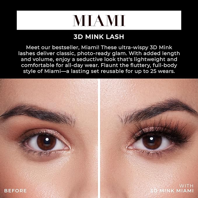 Lilly Lashes Miami 3D Mink Lashes, False Eyelashes Natural Look, Mink Eyelashes for Wispy & Natural Look, Reusable Up to 25 Wears, Fluffy Lashes