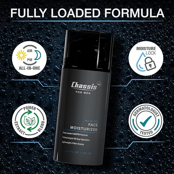 Chassis 360 All-In-One Face Moisturizer - Hydrating Face Moisturizer for Men with Vitamin, Niacinamide C & Hyaluronic Acid - Free From Phthalates, Parabens & Retinol - Facial Lotion- 3.4 Fl Oz
