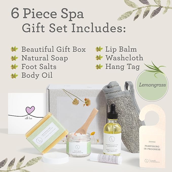 Lizush Lemongrass 6-Piece Spa Gift Set for Women - Relaxing Self-Care Basket, Luxury Handmade Body Care Items for Premium Relaxation - with Love - Handmade in The USA