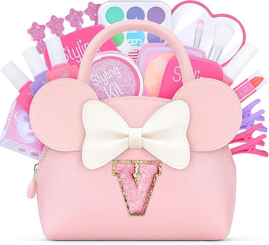Pretend Makeup Kit for Girls Kids Toddlers - Initial Purse & Makeup Sets for Kids Make Up Toys Gifts for Girls Kid V