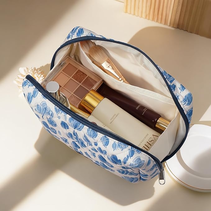 TOPEAST Makeup Bag for Women Girl, 3Pcs Large Cotton Travel Make up Bags with Zipper, Cute Quilted Floral Cosmetic Organizer Potable Brushes Toiletry Bag Set, Blue Floral