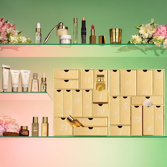 LOVERY 24-Day Luxury Beauty Advent Calendar for Women – Premium Holiday Gift Set with Skincare, Perfume, Candles, and Beauty Tools – Deluxe Gold Self-Care Countdown to Christmas