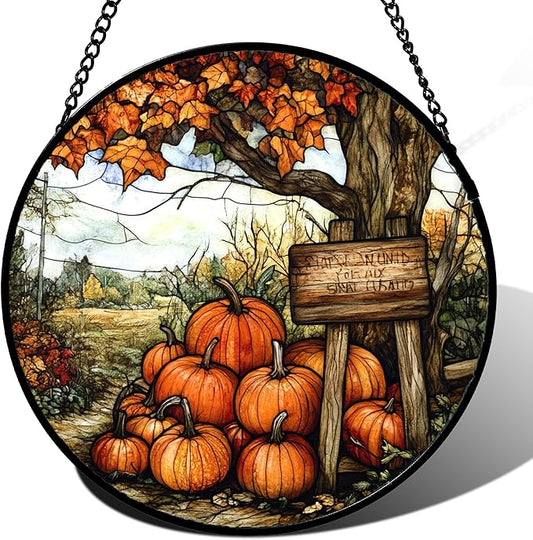 Stained Glass Window Hanging Fall Farm Scenery Maple Trees Pumpkin 7.8" - Suncatcher Door Garden Kitchen Sun Catcher Autumn Decor Birthday for Mom Nana Men Woman Friend