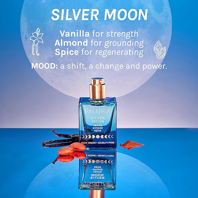 Pacifica Silver Moon Perfume 1oz – Long-Lasting Warm Vanilla & Almond Clean Fragrance for Women Vegan, Cruelty-Free, Essential Oils, Non Toxic