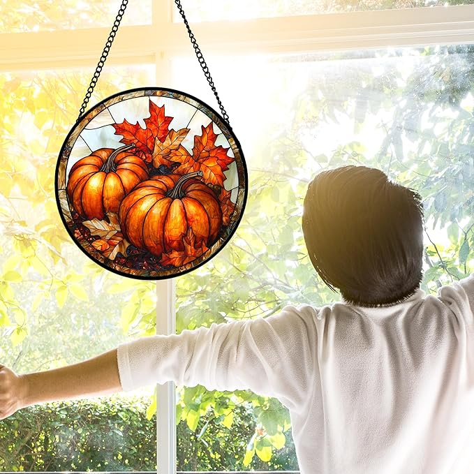 Stained Glass Window Hanging, Pumpkin Maple Leaf Suncatcher for Doors Home Sun Catchers Decoration and Christmas, Mother's Day Birthday Gifts for Women, Men, and Mom 7.8 in