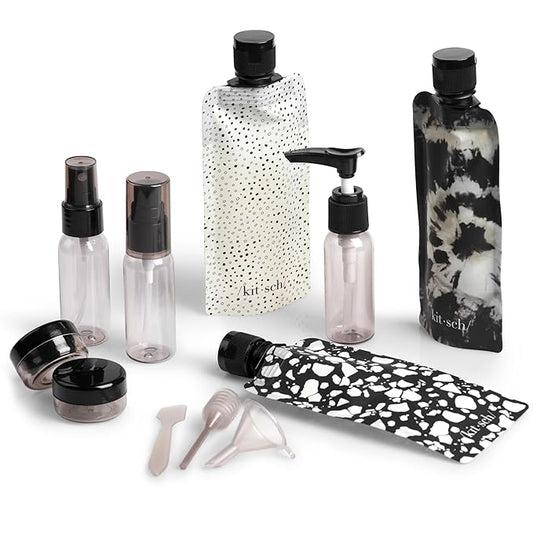 Kitsch 11 PCS Travel Bottles for Toiletries – Travel Essentials Kit for Shampoo, Conditioner, Lotion & More - TSA Approved Travel Bottles, Leak-Proof Refillable Travel Size Containers - Black & Ivory
