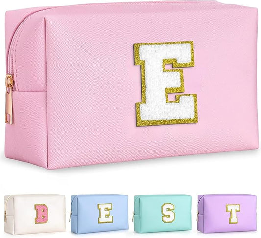 TOPEAST Initial Makeup Bag, Birthday Gifts for 4 5 6 7 8 9 10 11 12 Year Old Girls, Personalized Preppy Cosmetic Bag | Leather Toiletry Bag | Gifts for Teen Girls Kids (Pink E)