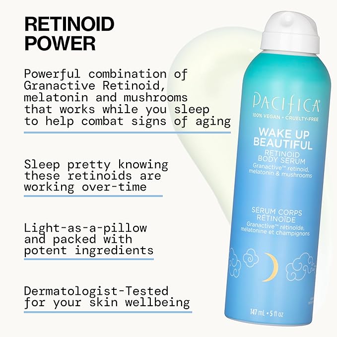 Pacifica Spray Lotion for Body - Wake Up Beautiful Body Serum – Overnight Retinoid Body Treatment, Spray-On Hydrating Serum with Granactive Retinoid, Mushrooms & Melatonin, Plumps & Renews Skin, Vegan