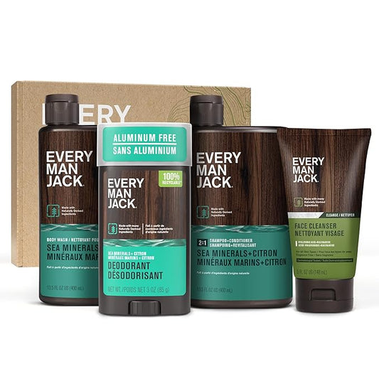 Every Man Jack Men’s Sea Minerals + Citron Bath and Body Gift Set - Clean Ingredients & Sea Minerals and Citron scent - Round Out His Routine with Body Wash, 2-in-1 Shampoo, Deodorant & Face Wash