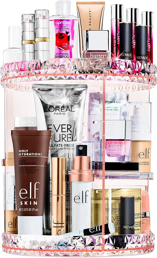 Sorbus 360 Rotating Makeup Organizer - Spinning Acrylic cosmetics organizer, Adjustable Shelves for Make Up, Perfume & Toiletries for Vanity, Bathroom, Bedroom, Closet [Pink]