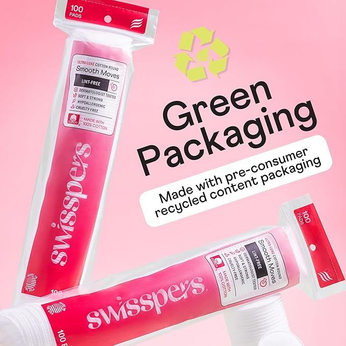 Swisspers Smooth Moves Ultra-Luxe Premium Cotton Rounds, Hypoallergenic Makeup Remover Pads for Sensitive Skin, USA Made, Vegan, Lint-Free, Paraben Free, 100 Count