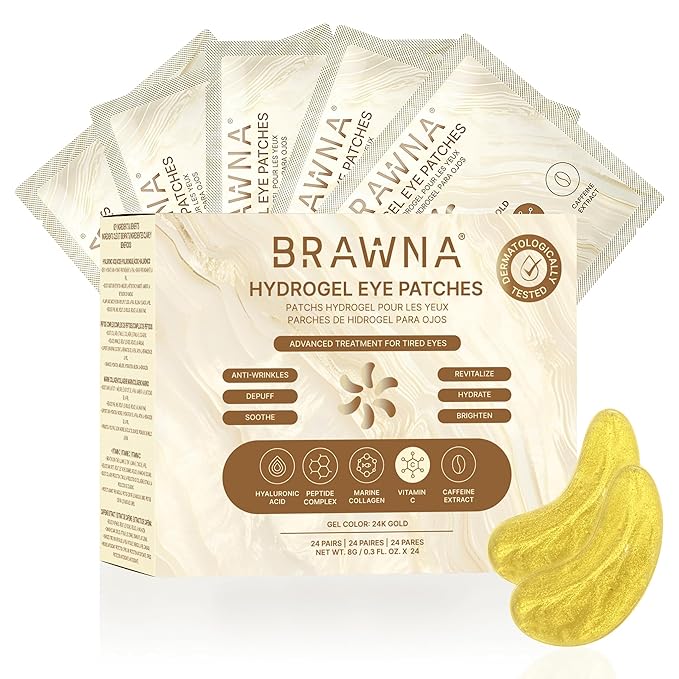 BRAWNA 24K Gold Hydrogel Undereye Mask Patch with Vitamin C, Caffeine, Callogen, Peptides, Hyaluronic Acid - for Dark Circles, Puffy Eyes, Undereye Bags, Wrinkles - 24 Pairs