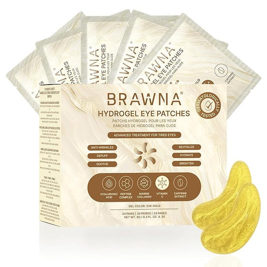 BRAWNA 24K Gold Hydrogel Undereye Mask Patch with Vitamin C, Caffeine, Callogen, Peptides, Hyaluronic Acid - for Dark Circles, Puffy Eyes, Undereye Bags, Wrinkles - 24 Pairs