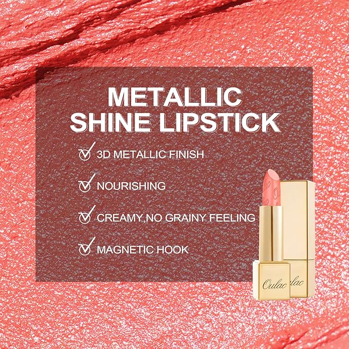 Oulac Matte Coral Lipstick with Glow Metallic Finish - Vegan Lipstick for Women, Creamy Texture, Hydrating Clean Beauty Formula, High-End Magnetic Hook Design, GM11 Aurora