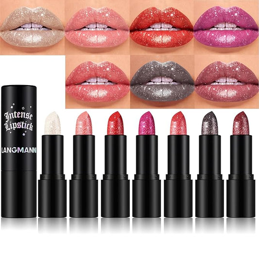Jolilab Sparkling 7 Pcs Set Lipstick Lip Gloss Long Lasting Waterproof Moisturizer Lip Balm Glitter Shimmer Metallic Lipstick, Diamond Shiny Bold Glow Goth Lipstick for Women Girls, Non-sticky