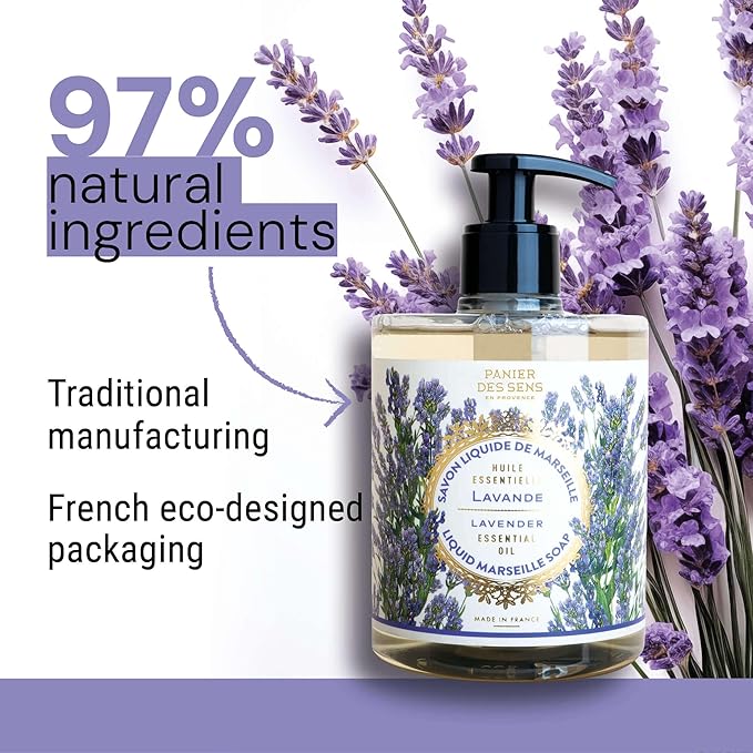 Panier des Sens - Moisturizing Hand Soap - Lavender Aromatic Fragrance - French Savon de Marseille Soap with Coconut Oil - Refillable Kitchen & Bathroom Soap - 16.9 Fl.oz Hand Wash 97% Natural