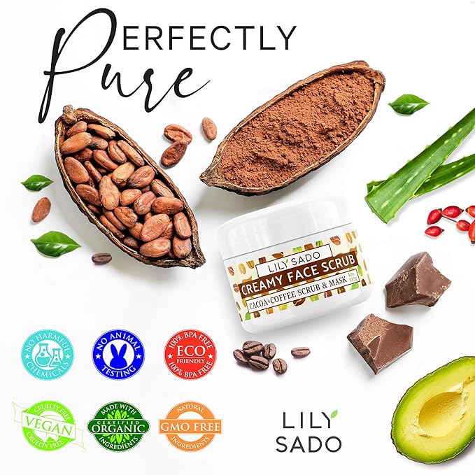 LILY SADO LILY SADO Cocoa & Coffee Creamy Face Scrub - Best Exfoliating VEGAN Facial Cleanser for Women & Men - Natural Face Wash Exfoliates & Energizes Skin, Treats Acne & Reduces Pore Size - 4 oz