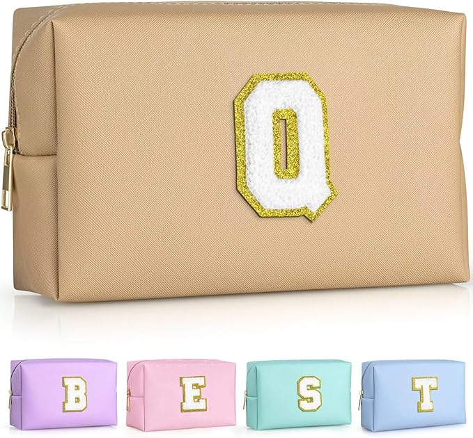 TOPEAST Initial Makeup Bag for Travel, Chenille Letter Pouch Cosmetic Bag, PU Leather Waterproof Toiletry Bag, Personalized Gifts for Bride Bridesmaids, Cute Things for Girls (Khaki Q)