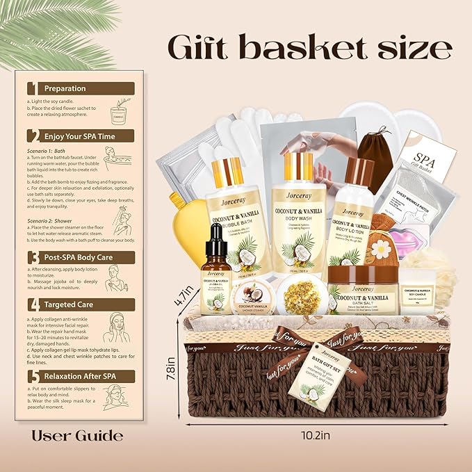 Bath and Body Gift Basket Set for Women - Coconut Vanilla Spa Gift Basket for Women 22pcs Luxury Bath Gift Set with Shower Gel Self Care Pampering Gifts for Mothers Day, Christmas, Birthday Gifts