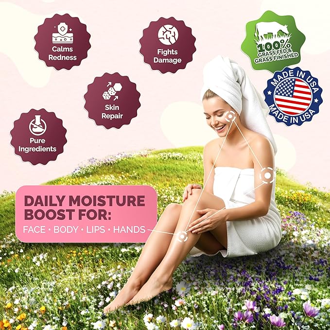 Whipped Beef Tallow for Skin – Grass-Fed Tallow Balm Moisturizer with Jojoba Oil, Manuka Honey & Calendula – For Face, Lips, Hands & Body – For Dry or Sensitive Skin.