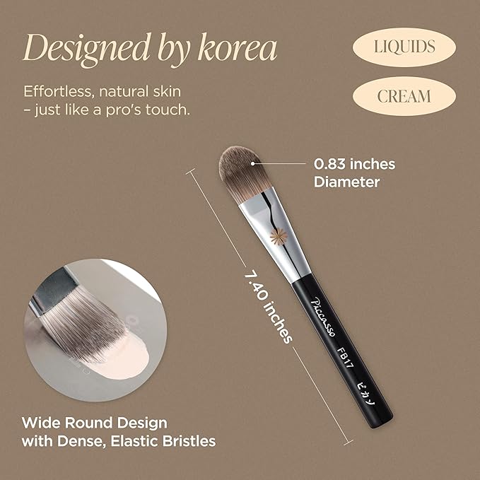 Piccasso Base Layering Set – FB17 Foundation Brush + 6P Latex Round Makeup Sponges, Professional Korean Beauty Tools for Flawless Base, Dewy & Matte Finish, Seamless Blending Kit