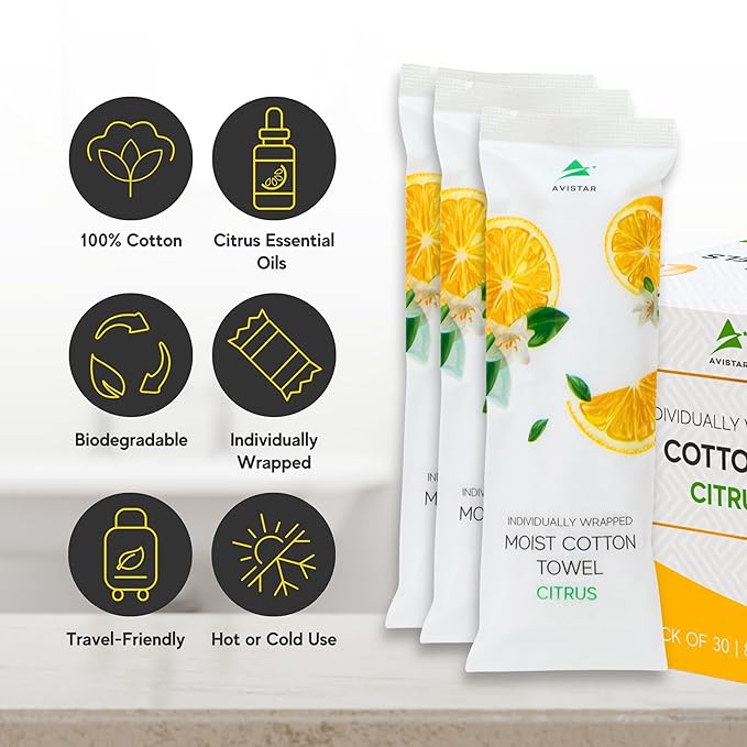 30 Hot or Cold Wrapped Moist Towels –9'' x 9" Moist Towelettes Individually Wrapped Scented Disposable Face & Hand –Pre-Moistened Hand Wipes Soft Refreshing, Travel, Spa, Restaurant- Citrus/Lemon