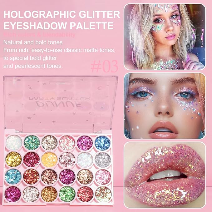 Glitter Eyeshadow Palette, 24 Colors Highly Pressed Pigmented Metallic Shimmer Sparkly Glitter Eyeshadow Makeup Pallet Palettes,Pink Blue Green Red Gold Purple Long Lasting Waterproof (24pcsC)