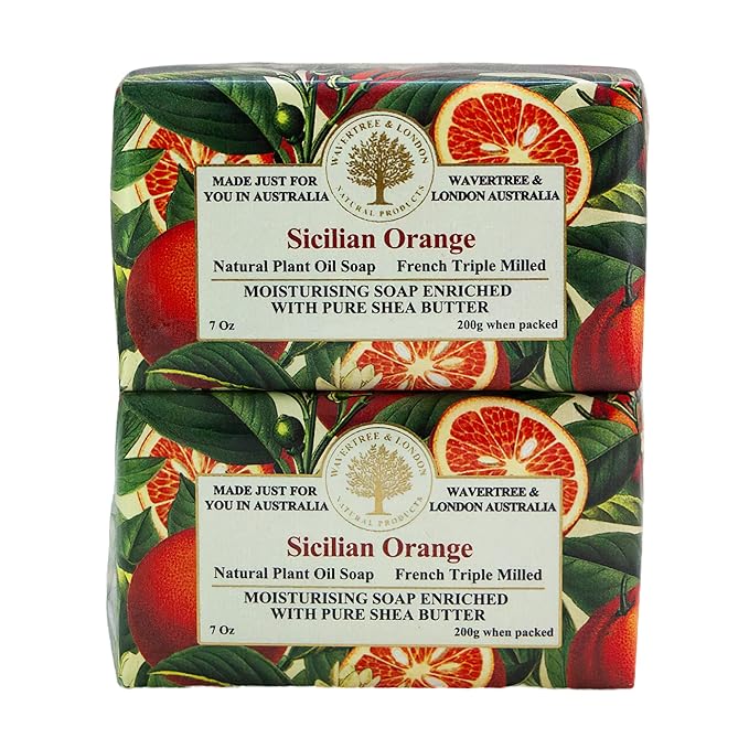 Wavertree & London Sicilian Orange Scented Natural Soap (2 Bars), 7oz Moisturizing French Triple Milled Soap Bars enriched with shea butter - Pure Plant Based Bath & Body Bars for All Skin Types