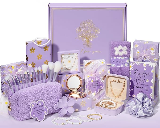 Birthday Gifts for Tween Teen Girls - 8 PCS Gifts Basket Teen Girl Gifts Trendy Stuff Girls Fun Empower Gift Box w/Task Tags Make up Brushes Makeup Bag, Graduation Gifts Idea for Her Niece Daughter