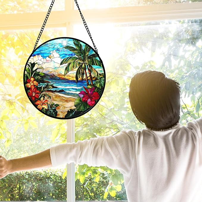 Stained Glass Window Hanging, Blue Beach Scenery Suncatcher Diamond Glass Panel Hangings Sun Catchers Decor for Birthday for Women, Men, Wife, Aunt, and Mom 6.3 in