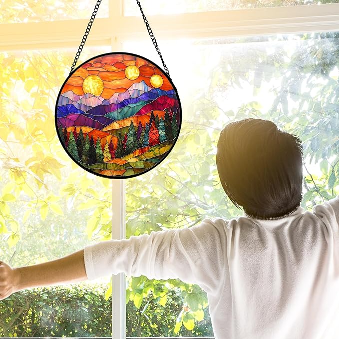 Stained Glass Window Hanging, Sunset Abstract Sun Catchers Colorful Glass Panel Landscape Suncatcher Decor for Birthday for Women, Men, Wife, Aunt, and Mom 7.8 in