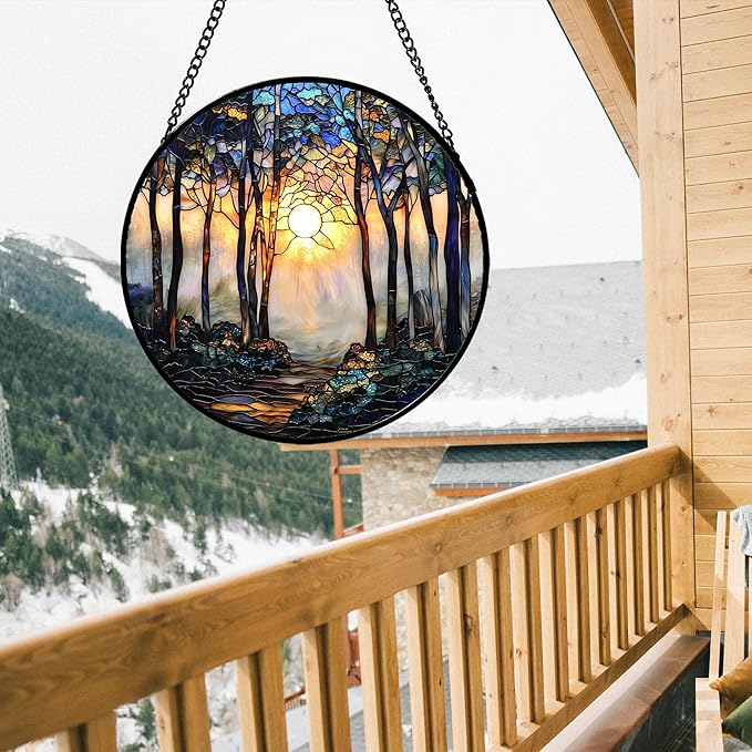 Stained Glass Window Hanging, Forest Sunrise Smoke Blue Brown Tree Suncatcher for Doors Window Home Landscape Sun Catchers Decor Mother's Day Birthday Gifts for Women, Men Mom 7.8 in