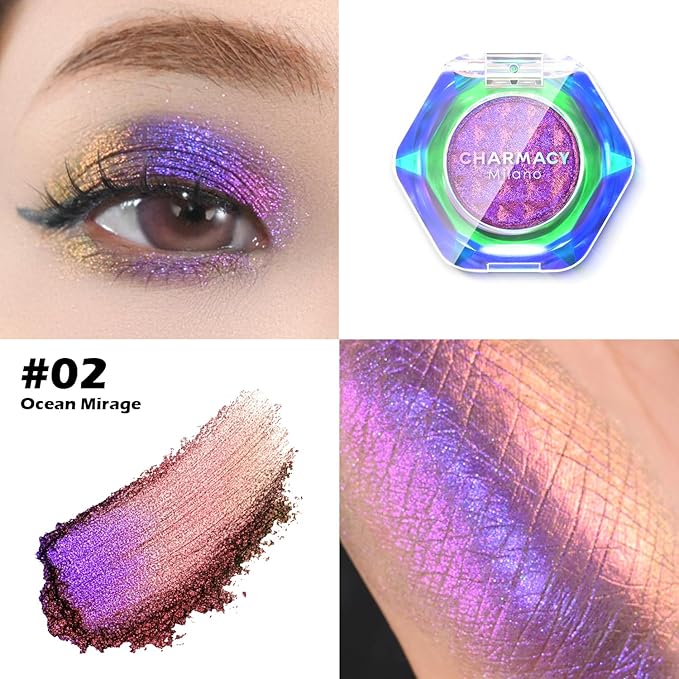 CHARMACY Multichrome Glitter Eyeshadow, Intense Pigmentation Chameleon Sparkling Eyeshadow, Bright Highlighter Duochrome Eye Make Up, Multi-Reflective Finishes Glitter Metallic Eye Makeup #02