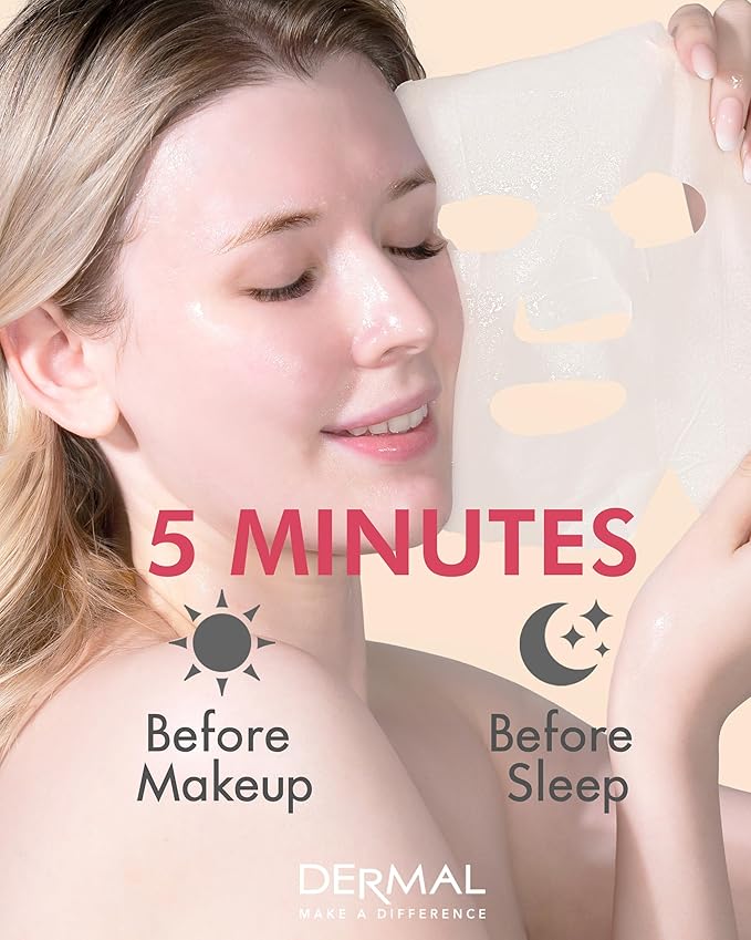 DERMAL Acerola Collagen Essence Facial Mask Sheet 23g Pack of 10 - Skin Clearing, Reduces Blemishes, Elasticity Care, Daily Skin Treatment Solution Sheet Mask