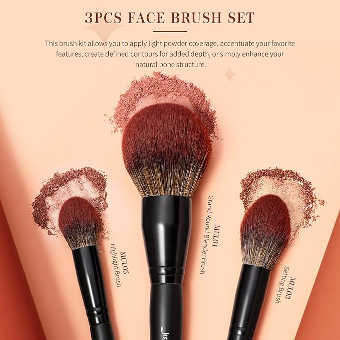 Jessup Large Face Makeup Brushes 3pcs, Premium Synthetic Powder Contour Highlighter Brush, Phantom Black T274