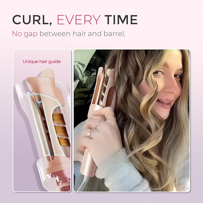 TYMO Automatic Rotating Curling Iron - TYMO CURLPRO Beach Waves Curling Wand, Portable Hair Curler, 500 Million Ionic, Dual Voltage & Lightweight for Travel, Ceramic Coating, 1 Inch, Peach