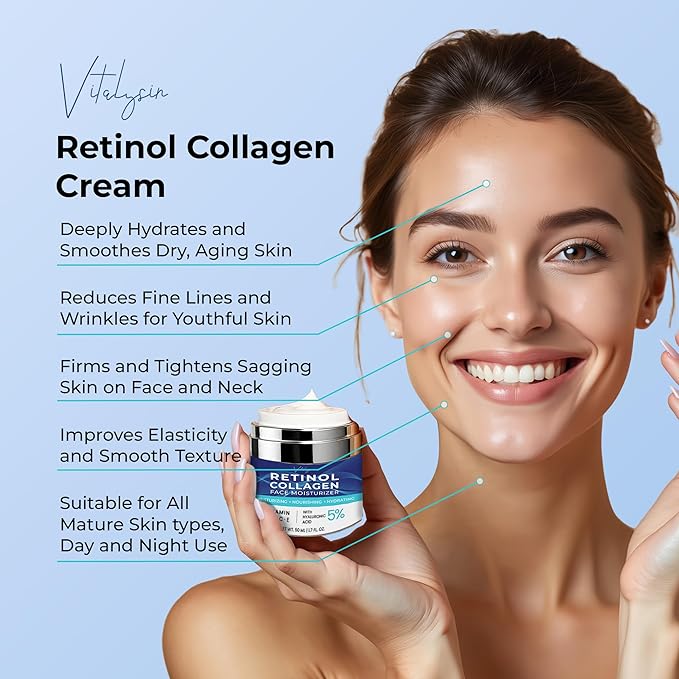 Face Moisturizer for Aging Skin: Wrinkle Cream for Older Women and Men 50 and 60 plus with Retinol, Collagen and Hyaluronic Acid – Facial Moisturizer for Mature Skin, 1.7 fl. Oz (Medium, Unscented)