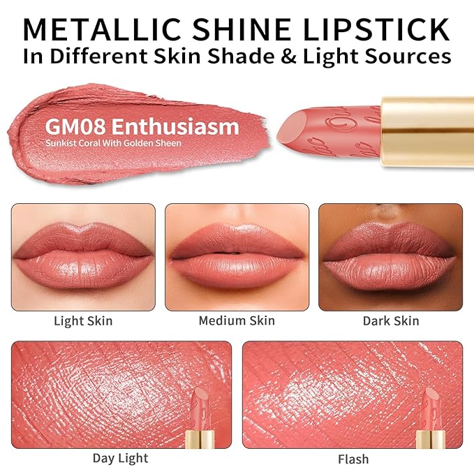 Oulac Coral Matte Lipstick with Glow Metallic Finish - Vegan Lipstick for Women, Creamy Texture, Hydrating Clean Beauty Formula, High-End Magnetic Hook Design, GM08 Enthusiasm