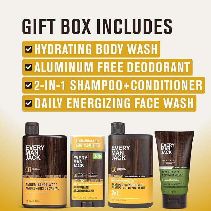 Every Man Jack Men’s Amber + Sandalwood Bath and Body Gift Set - Clean Ingredients & Sandalwood, Amber, and Vetiver scent - Round Out His Routine with Body Wash, 2-in-1 Shampoo, Deodorant & Face Wash