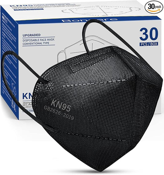 Boncare KN95 Face Mask 30 PCs, 5-Layer Black Face Mask for Men & Women Filter Efficiency≥ 95%, Breathable and Comfortable, Black